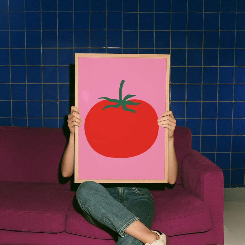 Tomatenprint, gewaagde rode keukenposter, minimale grafische voedselkunst, roze dopamine-decor, digitale download afbeelding 7