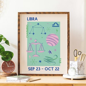 Libra Zodiac Print | Digital Art Download | Trendy Astrology Poster | Blue Retro Wall Art | Star Sign Art Print | Cute Trendy Wall Art