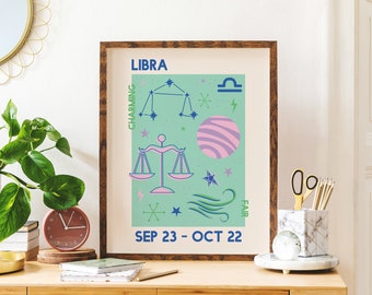 Libra Zodiac Print | Digital Art Download | Trendy Astrology Poster | Blue Retro Wall Art | Star Sign Art Print | Cute Trendy Wall Art