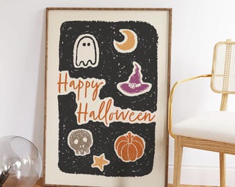 Happy Halloween Sketch Print, Digital Download, Cozy Halloween Print, Halloween Wall Decor, Vintage Halloween Wall Art, Whimsical Halloween