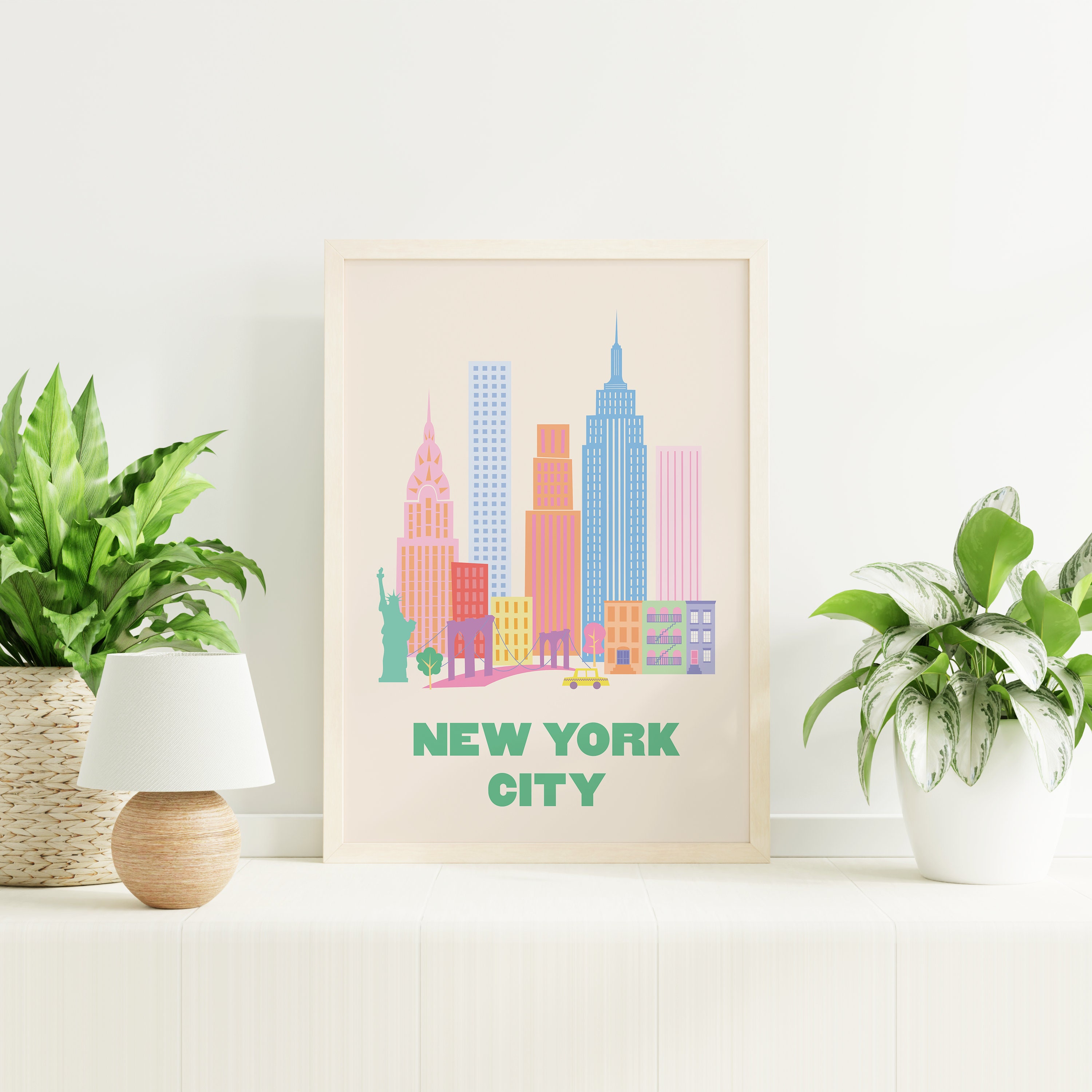 Discover New York City Travel Print |  Pink NYC Skyline Exhibition Poster