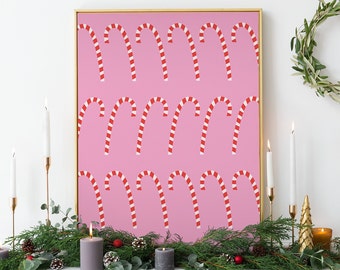 Christmas Candy Cane Print | Digital Art Download | Cute Christmas Decor | Pink Holiday Wall Art