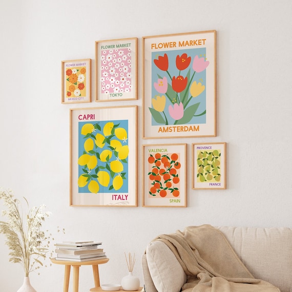 Set of 6 Flower Fruit Market Prints, Digital Art Download