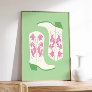 Cowgirl Boots Print | Digital Art Download | Pink Green Western Print | Retro Wall Art | Trendy Maximalist Wall Art | Cute Dorm Decor