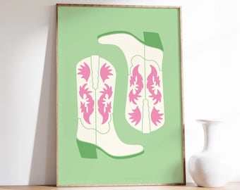 Cowgirl Boots Print | Digital Art Download | Pink Green Western Print | Retro Wall Art | Trendy Maximalist Wall Art | Cute Dorm Decor