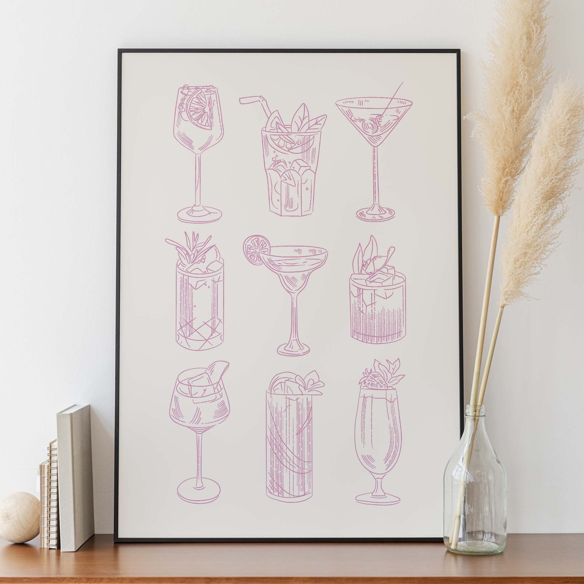 printable kitchen prints wall art, set of 6, hand... Cocktail Sketch Print, Digital Art Download, Cute Bar Cart Print, Pink ...