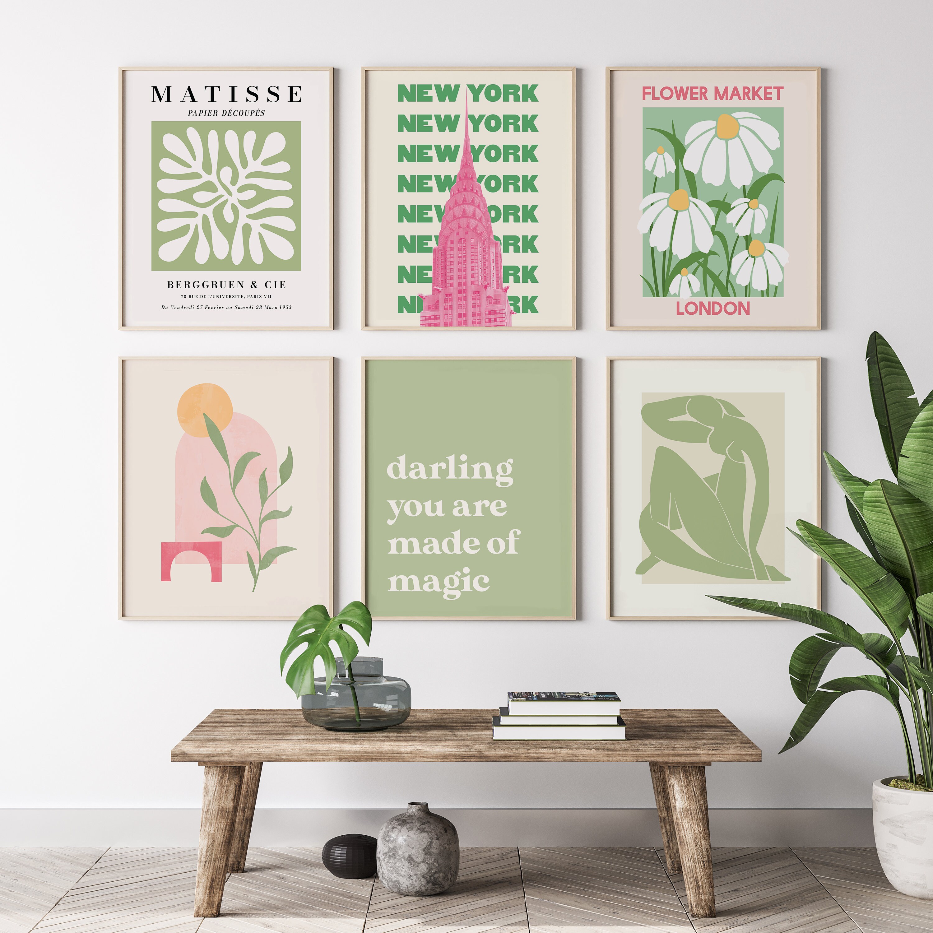 Set of 6 Green and Pink Print Gallery Wall | Digital Art Download | New ...
