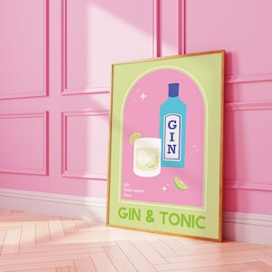 Gin Tonic Cocktail Print | Digitale Kunst Download | Niedliche grün rosa Cocktailbar druckbare Kunst | Grüne Küche Wandkunst