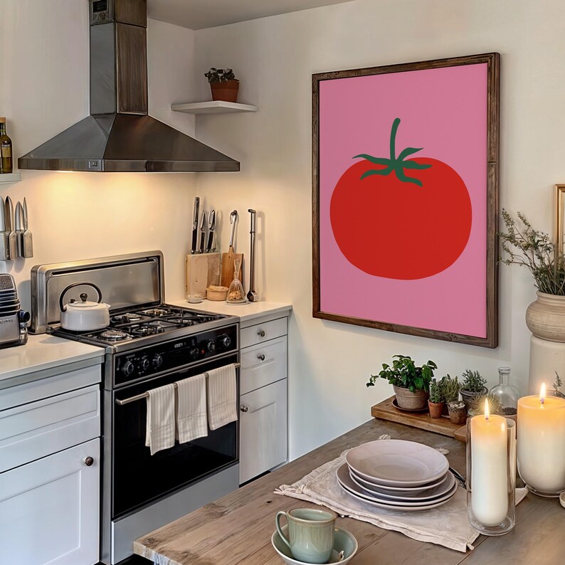 Tomatenprint, gewaagde rode keukenposter, minimale grafische voedselkunst, roze dopamine-decor, digitale download afbeelding 8