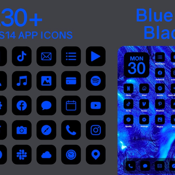 covers app on iphone iOS Blue & Black App Icons | 230+ Blue on Black Minimal iOS 14 Modern Icon Pack