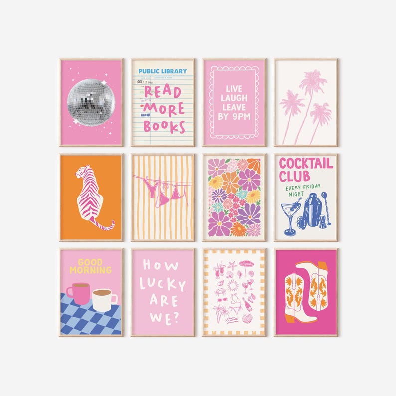 May include: A collection of twelve framed art prints with colorful designs. The prints feature various themes, including a disco ball, text that reads "Read More Books", and a cocktail illustration. The color palette includes pink, orange, and white.
