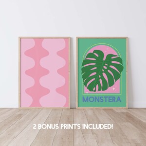 May include: Two framed prints, one with a pink and white abstract pattern and the other with a green monstera leaf on a pink background. The print with the monstera leaf has the word "MONSTERA" in blue text.