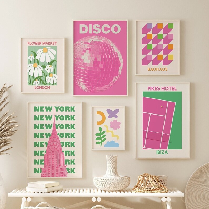 Set of 6 Green and Pink Print Gallery Wall | Digital Art Download | New ...