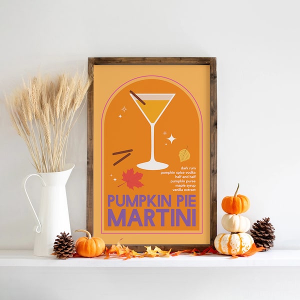 Pumpkin Pie Martini Cocktail Print | Digital Art Download | Cute Orange Fall Cocktail Printable Art | Autumn Bar Cart Decor