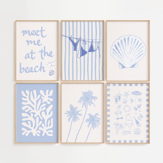 Blue Coastal Beach Gallery Wall, Digital Art Download, 8 Printables, Cute Summer Art Prints, Girly Wall Art, Trendy Beach House Decor