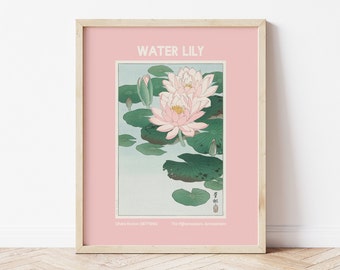 Water Lily Flower Print | Digital Art Download | Pink Japanese Printable Art Poster | Cute Trendy Wall Art