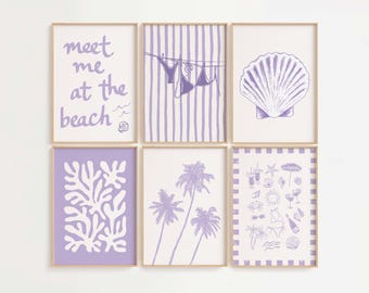 Beach Wall Art Set, 8 Purple Coastal Prints, Coastal Gallery Wall, Digital Download