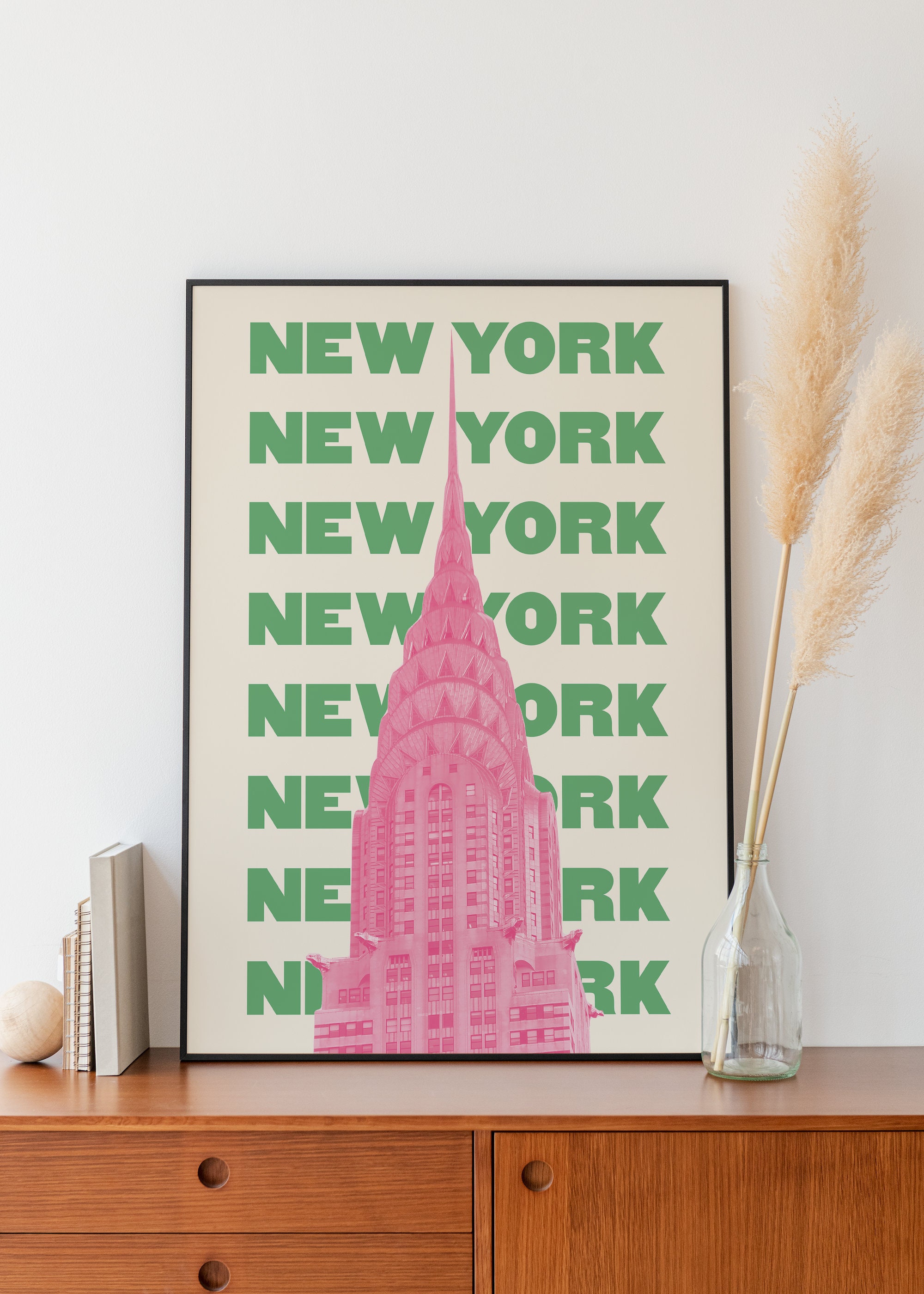 Discover New York City Travel Print | Digital Art Download | Pink Green NYC Travel Exhibition Posters