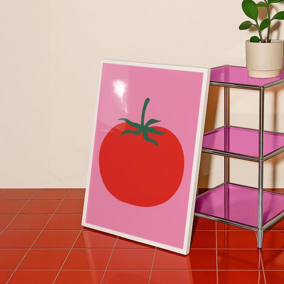 Tomato Print, Bold Red Kitchen Poster, Minimal Graphic Food Art, Pink Dopamine Decor, Digital Download