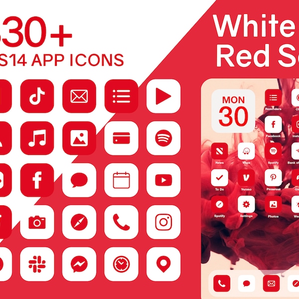 iOS Red & White App Icons Set | 330+ Red and White Minimal iOS 14 Modern Icon Pack