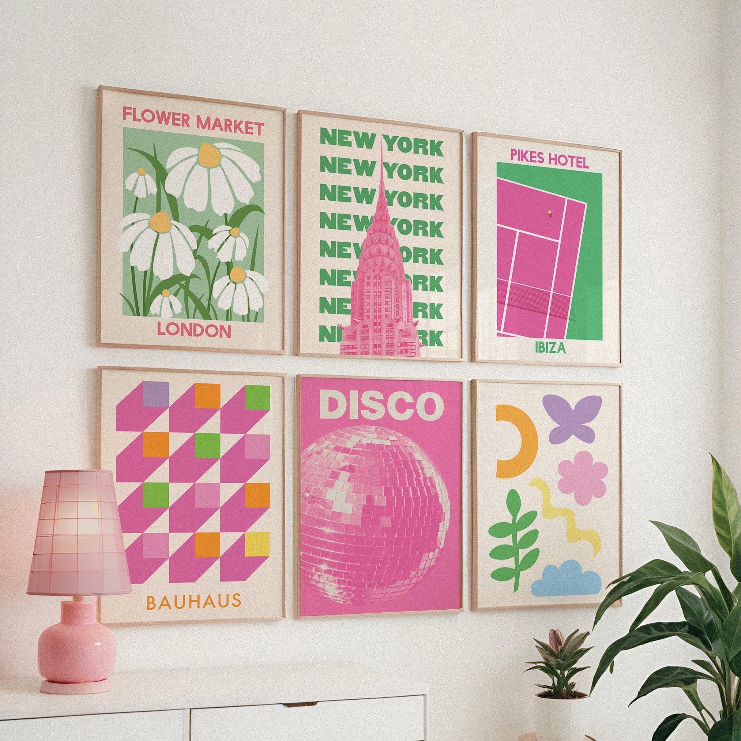 Set of 6 Green and Pink Print Gallery Wall | Digital Art Download | New ...