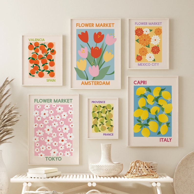 Set of 6 Flower Fruit Market Prints Digital Art Download Colorful Gallery Wall Travel Exhibition Print Set image 2