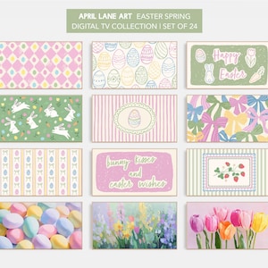 May include: A collection of digital art prints with an Easter theme. The prints feature various designs, including Easter eggs, bunnies, bows, and floral patterns. The color palette includes pastel shades of pink, green, yellow, and blue. Text on the top says "APRIL LANE ART EASTER SPRING DIGITAL TV COLLECTION I SET OF 24".