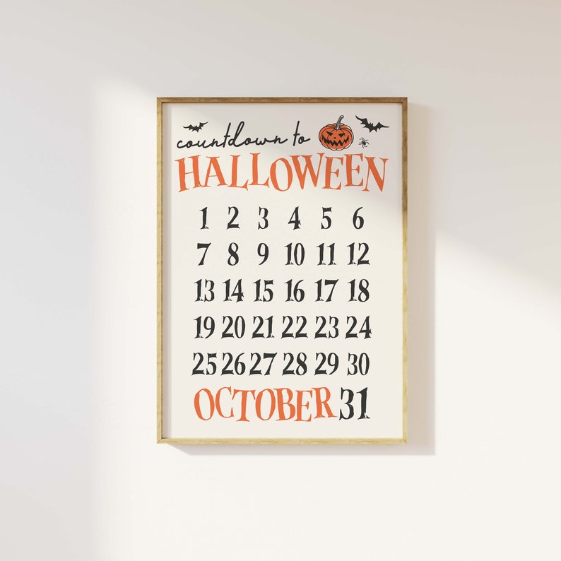 May include: A printable countdown to Halloween with a pumpkin and bats. The numbers 1 through 30 are listed in rows, with "OCTOBER 31" at the bottom.