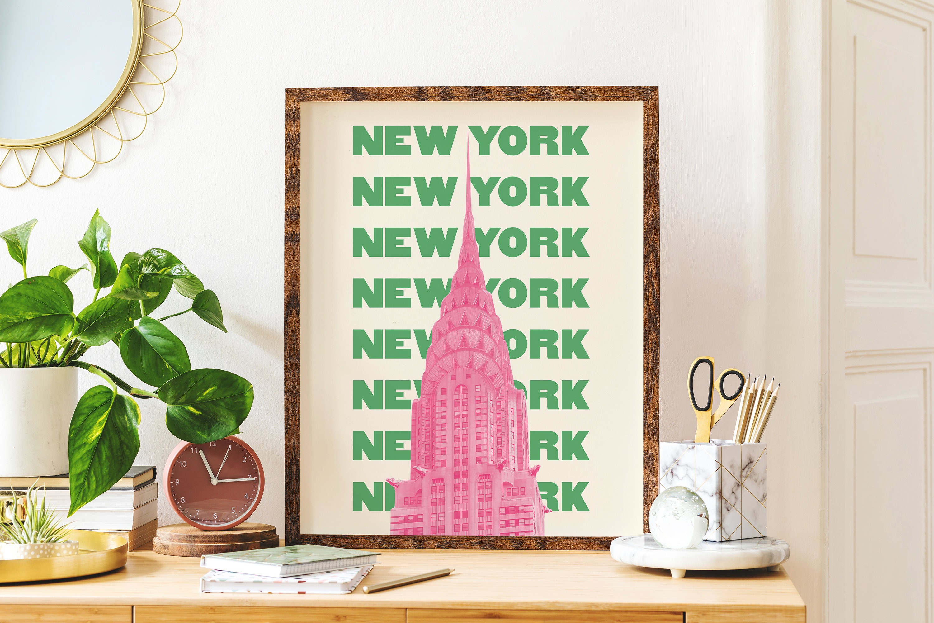 Discover New York City Travel Print | Digital Art Download | Pink Green NYC Travel Exhibition Posters