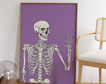 Skelett Druck | Digitale Kunst Download | Niedliche lila Halloween-Wand-Dekor | Trendige Halloween Wandkunst | Gruseliges Poster Poster