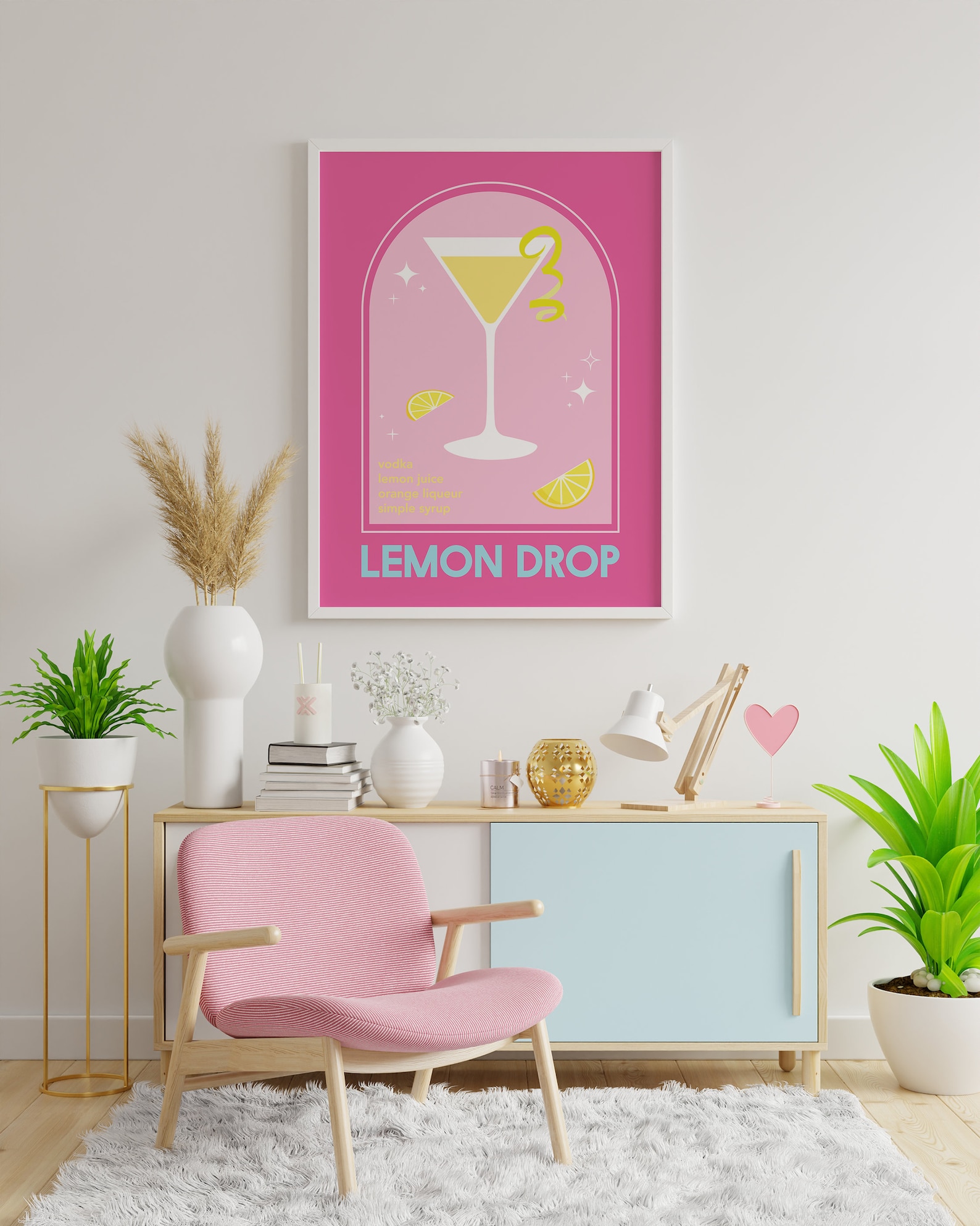 Lemon Drop Martini Cocktail Print | Digital Art Download | Cute Pink ...