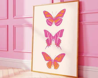 Butterflies Print | Digital Art Download | Vintage Flower Poster | Pink Floral Printable Wall Art | Botanical Art Print | Trendy Wall Art