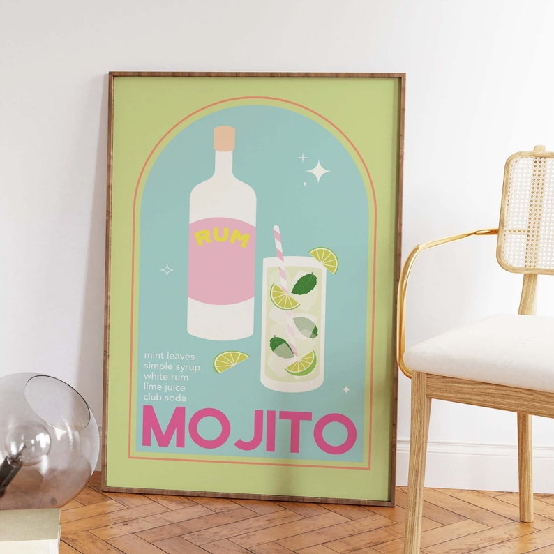Mojito Cocktail Print / Descarga de arte digital / Lindo rosa verde Mojito Cocktail Bar Arte imprimible / Arte de pared de cocina imagen 9