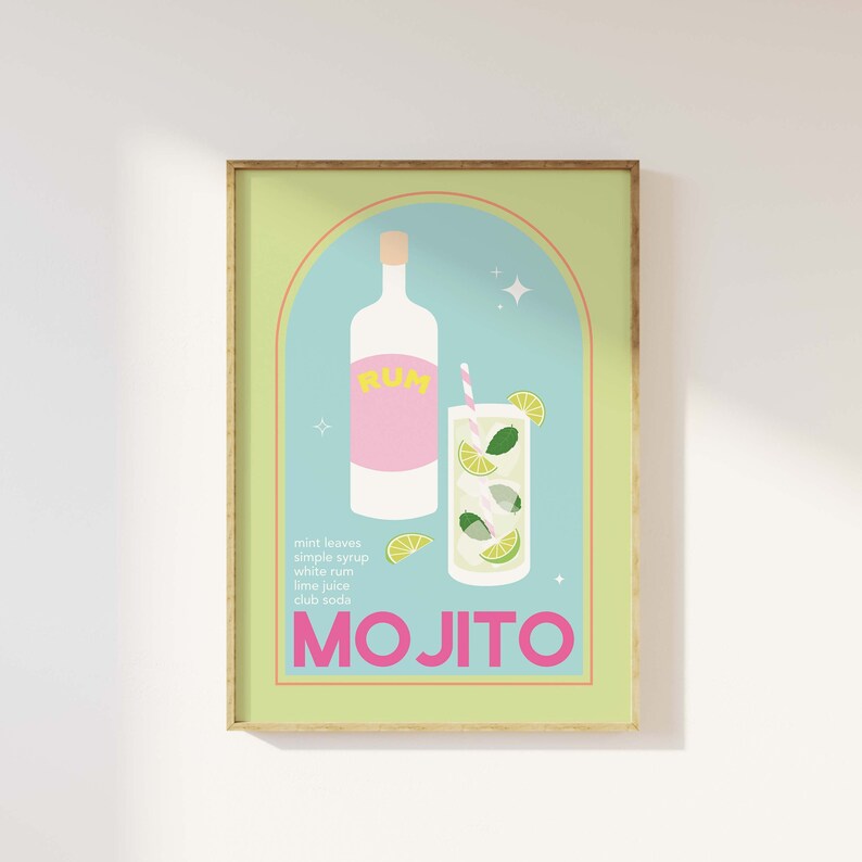 Mojito Cocktail Print / Descarga de arte digital / Lindo rosa verde Mojito Cocktail Bar Arte imprimible / Arte de pared de cocina imagen 2
