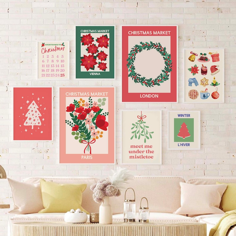 May include: A set of 8 printable Christmas market posters featuring illustrations of a Christmas tree, a wreath, a bouquet of flowers, mistletoe, and a countdown to Christmas. The posters are in a red, green, and white colour scheme and feature the text "Christmas Market" and the city names Vienna, London, Paris, and L'Hiver.
