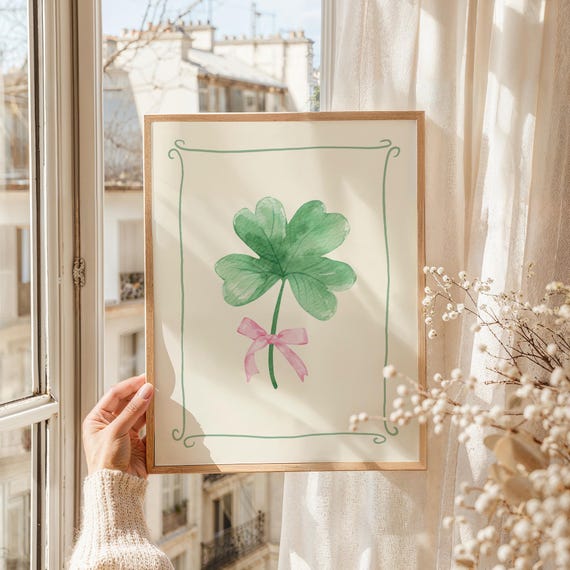 Coquette Shamrock Print, Digital Art Download, St Patricks Day Decor, St Patricks Wall Art, Shamrock Wall Art, Cute Irish Wall Art