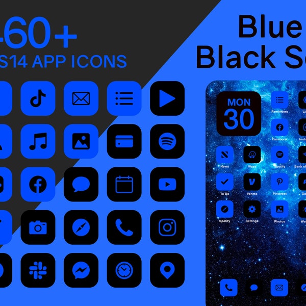 iOS Blue & Black App Icons Set | 460+ Blue and Black Minimal iOS 14 Modern Icon Pack