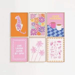 May include: Six framed art prints with colorful designs. The prints feature a tiger, floral patterns, coffee cups, palm trees, and beach-themed illustrations. One print has the text "LIVE LAUGH LEAVE BY 9PM" in a pink frame.