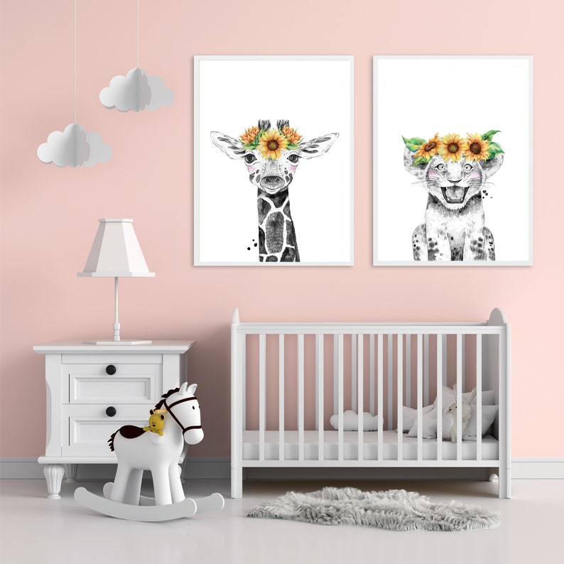 Giraffe Nursery Print Sunflower Wall Art Baby Animal Print Etsy