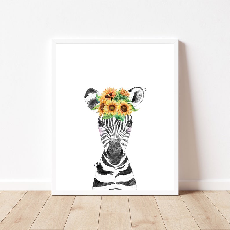 Zebra Nursery Print Sunflower Wall Art Baby Animal Print Etsy