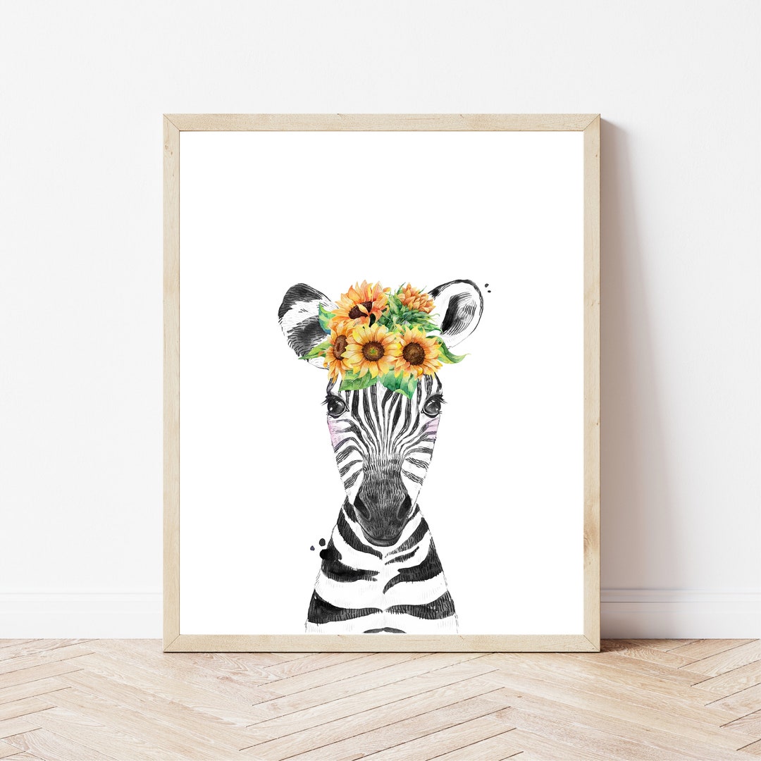 Zebra Nursery Print, Sunflower Wall Art, Baby Animal Print