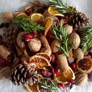 May include: A display of natural decorative items, featuring walnuts, pine cones, dried orange slices, cinnamon sticks, and rosemary sprigs. The arrangement is set against a neutral linen backdrop, creating a rustic and organic aesthetic.