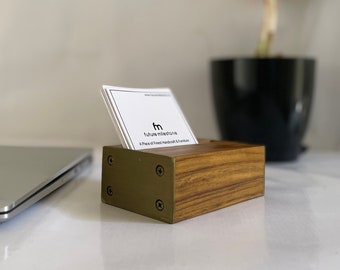 Teak Wood Business Card Holder: Brass Desk Accessory