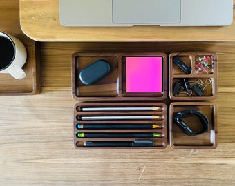 Handcrafted Teak Wood Desk Organizer Set: Minimalist Office Storage
