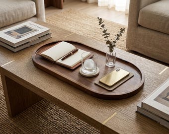 Large Ottoman Tray, Breakfast tray, Oval Wood Tray, Teak Wood Tray Walnut Finish, Natural Wood Decor, Trinket Tray, Vanity Tray, Table Top