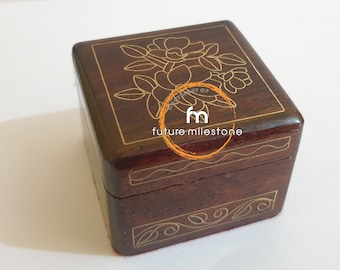 Floral Inlay Wooden Ring Box, Handmade Rosewood Jewelry Box