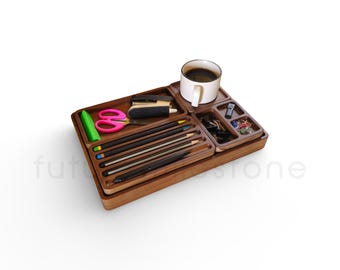 Handmade Teak Wooden Desk Organizer Set, Home Office Tray Set