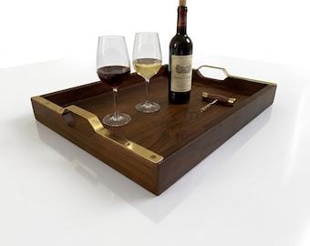 Bandeja otomana grande de madera de teca: decoración rústica con asas de latón.