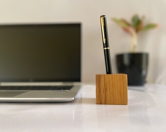 Portalápices de madera de teca: organizador de escritorio cúbico