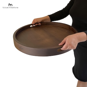 Round Wood Tray / Teak Wood Ottoman Tray / Circle Coffee Table + Ottoman Tray / Oversized Circle Teak wood Tray Walnut stain Farmhouse Tray